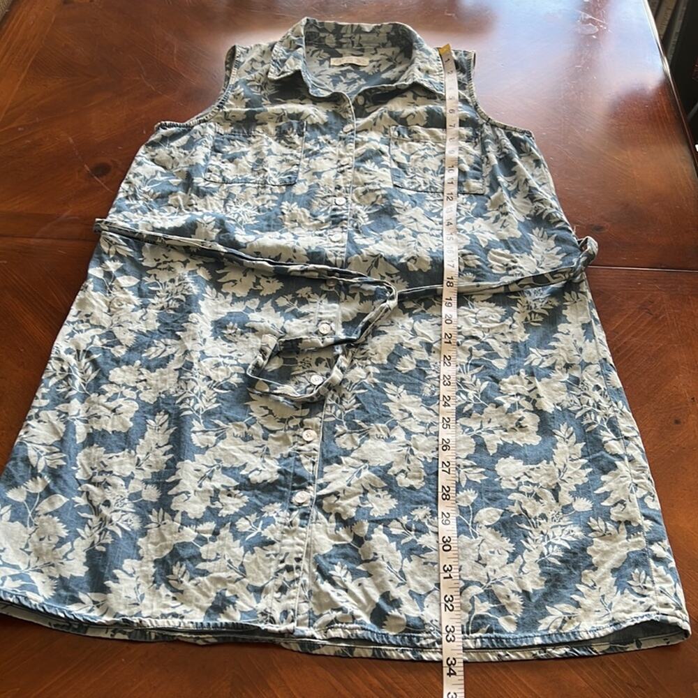 Pink Rose Size L Blue Floral Print Chambray Shirt Dress with Belt - Picture 8 of 10